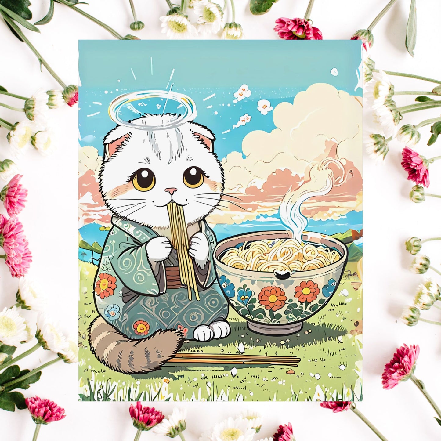 Ramen Angel Cat – Whimsical Kimono Cat Wall Art 🐾🍜