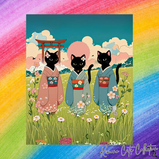 Three Black Cats in Kimonos – Wall Art 🐾🌸