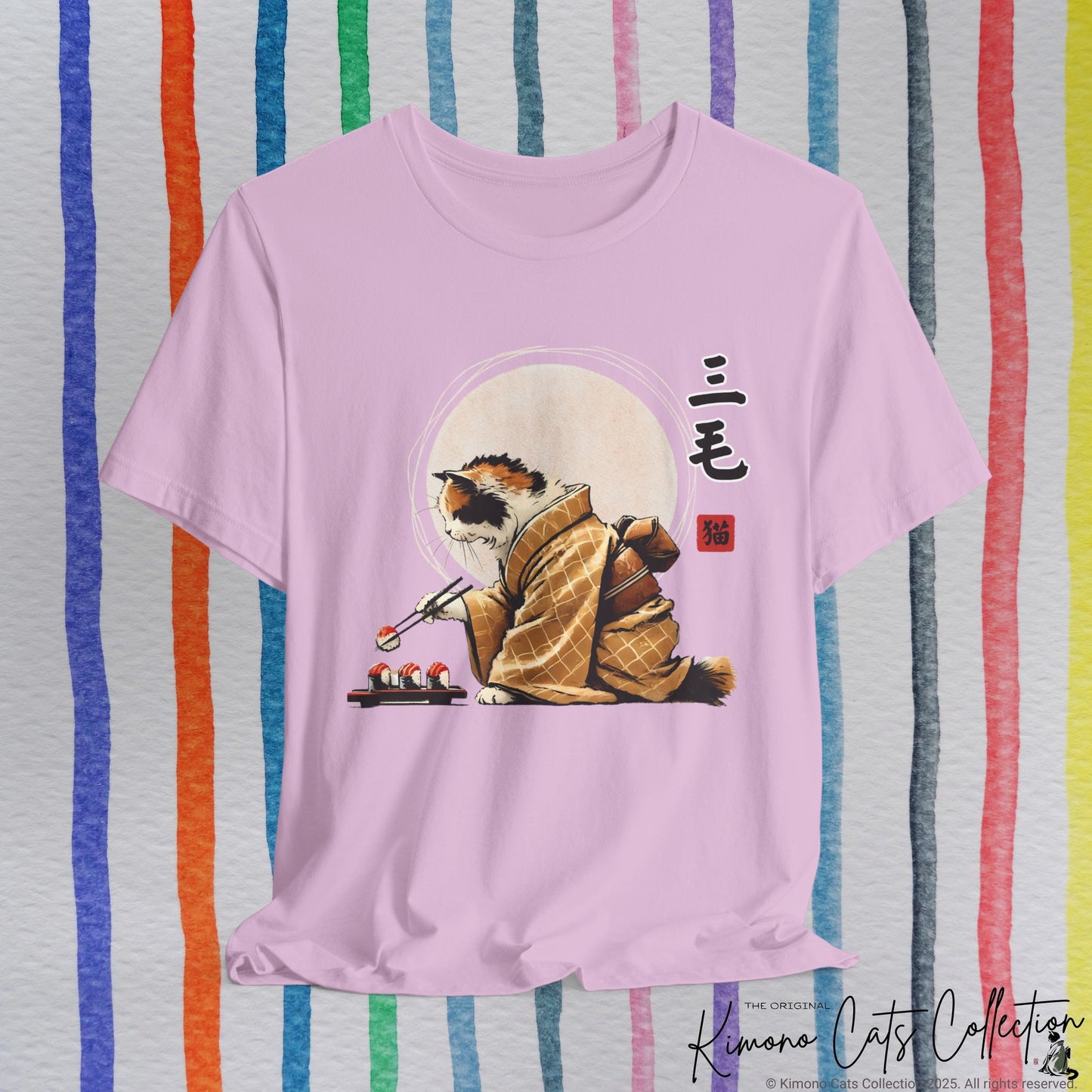 Calico Cat in Kimono Eating Sushi - T-Shirt