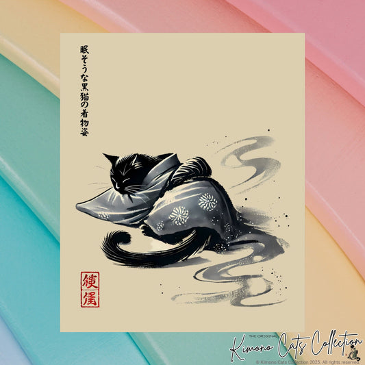 Sleeping Black Cat in Kimono – Sumi-e Zen Art Print 🐾🖌️