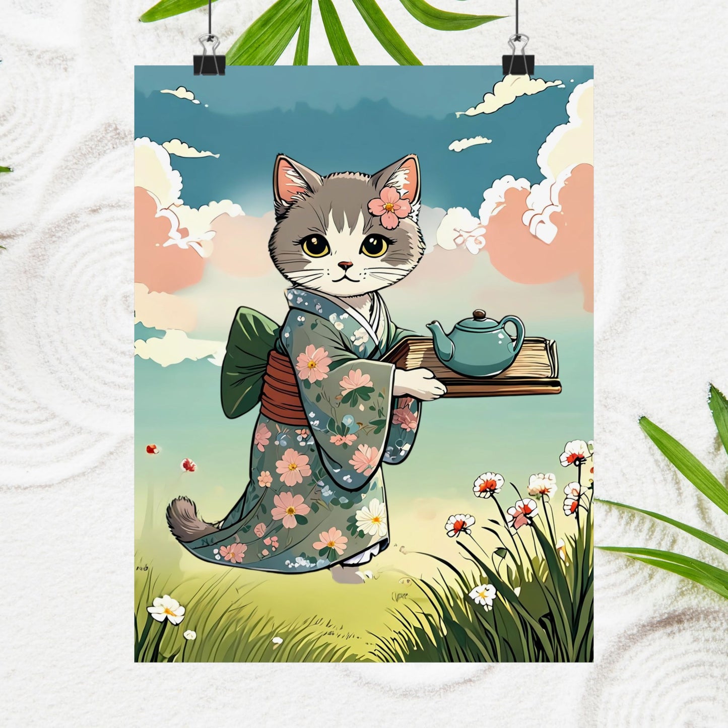 Kawaii Kimono Cat – Matte Poster 🐾🌸