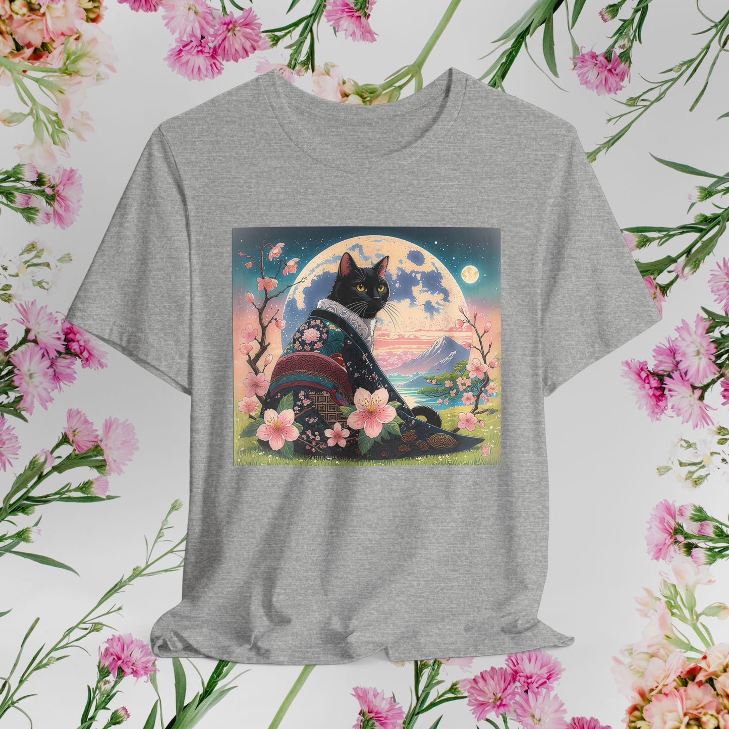 Elegant Black Cat in Cherry Blossom Kimono - Unisex T-Shirt