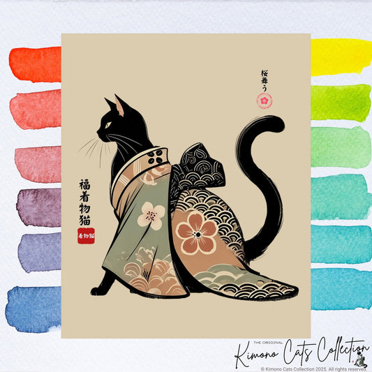 Lucky Kimono Cat Wall Art – 福着物猫 | Japanese Sumi-e Print