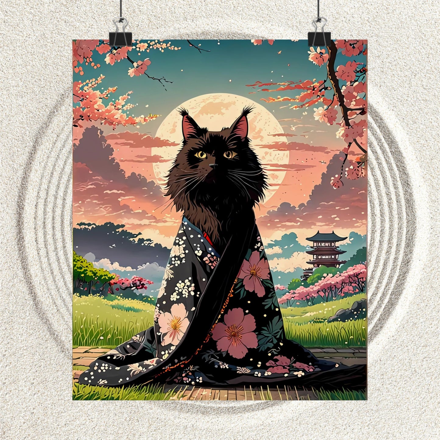 Moonlit Black Cat in Kimono – Japanese Cherry Blossom Art Print 🐾🌸🌙