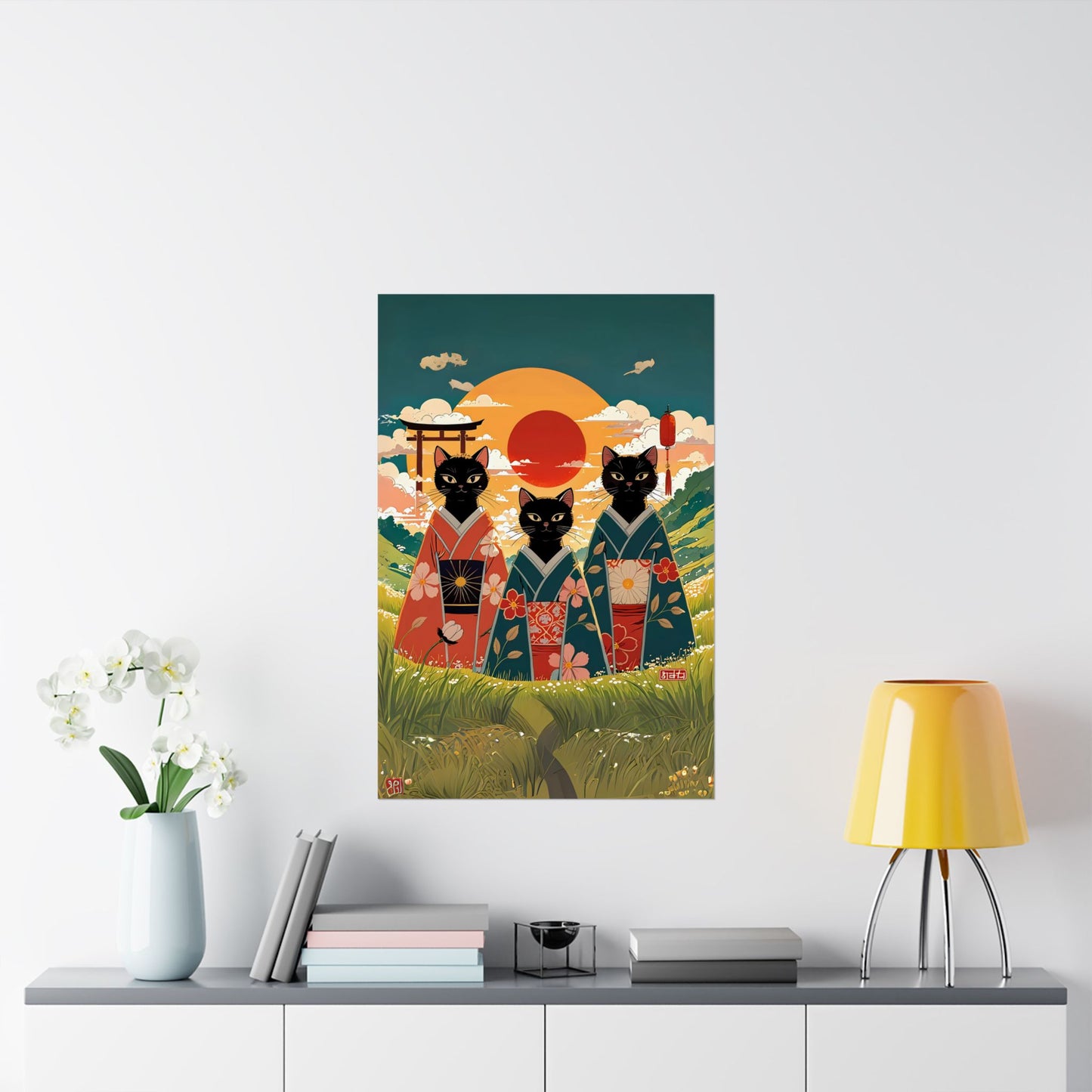 Three Black Cats in Kimonos – Rising Sun Wall Art 🐾🌅