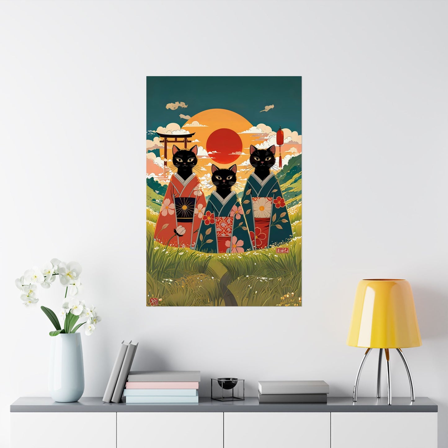 Three Black Cats in Kimonos – Rising Sun Wall Art 🐾🌅