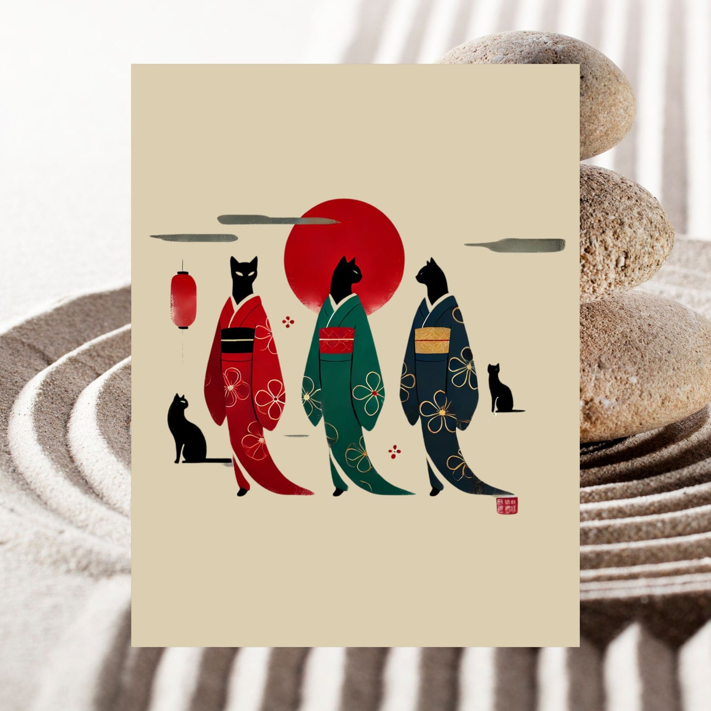 Black Cats in Kimonos Wall Art – Red Sun Print 🐾