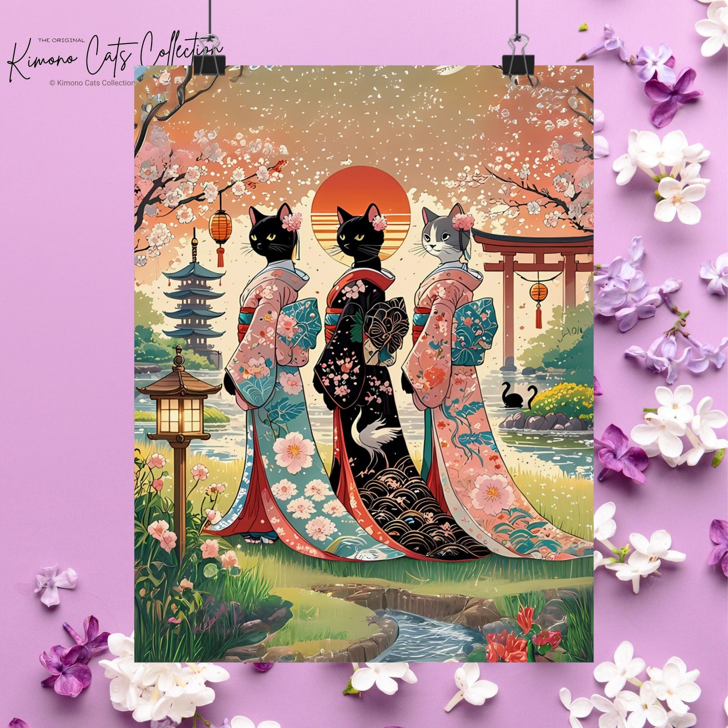 Geisha Cats Art Print – Elegant & Whimsical Wall Decor 🐾🎎