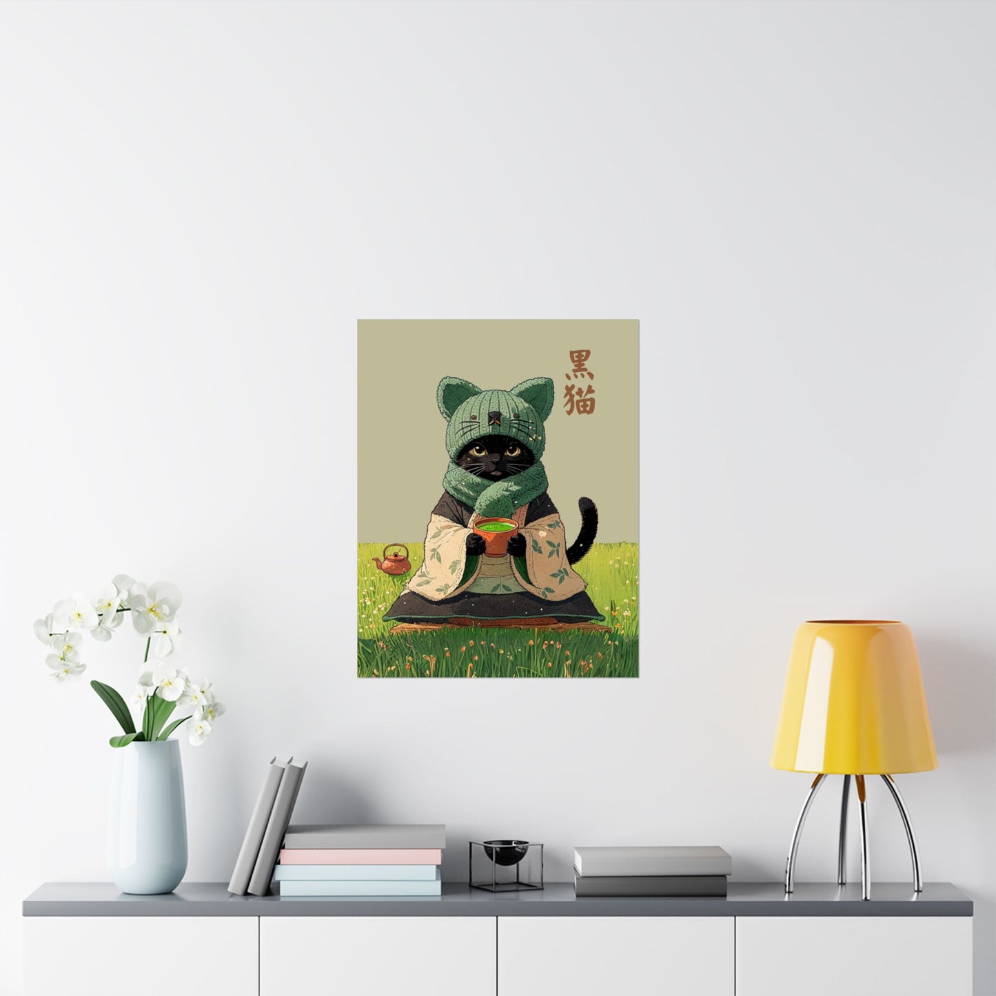 Cozy Black Cat Tea Art – Matcha Lover Wall Print 🐾🍵