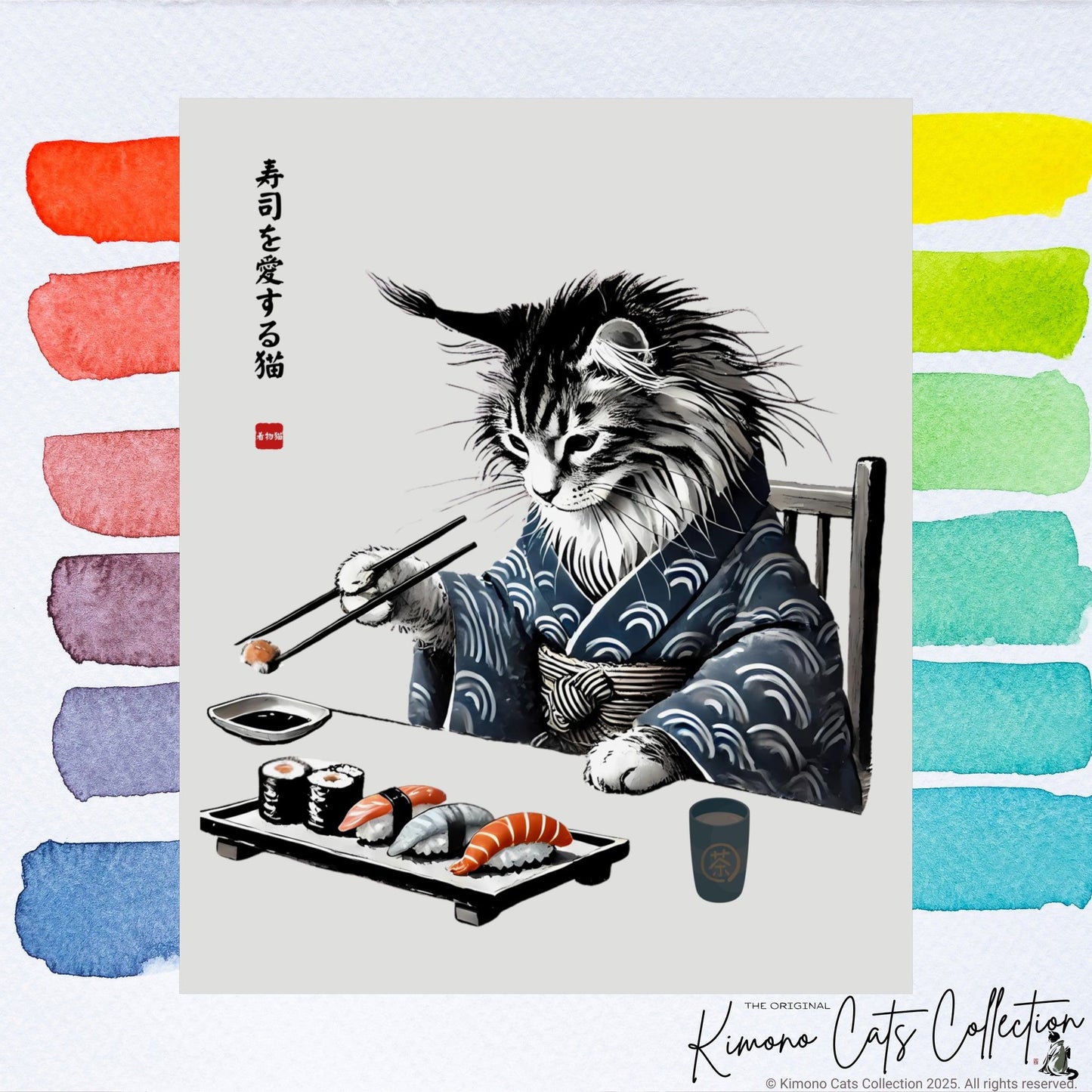 Sushi Cat Art Print - Japanese Sumi-e Maine Coon Wall Decor