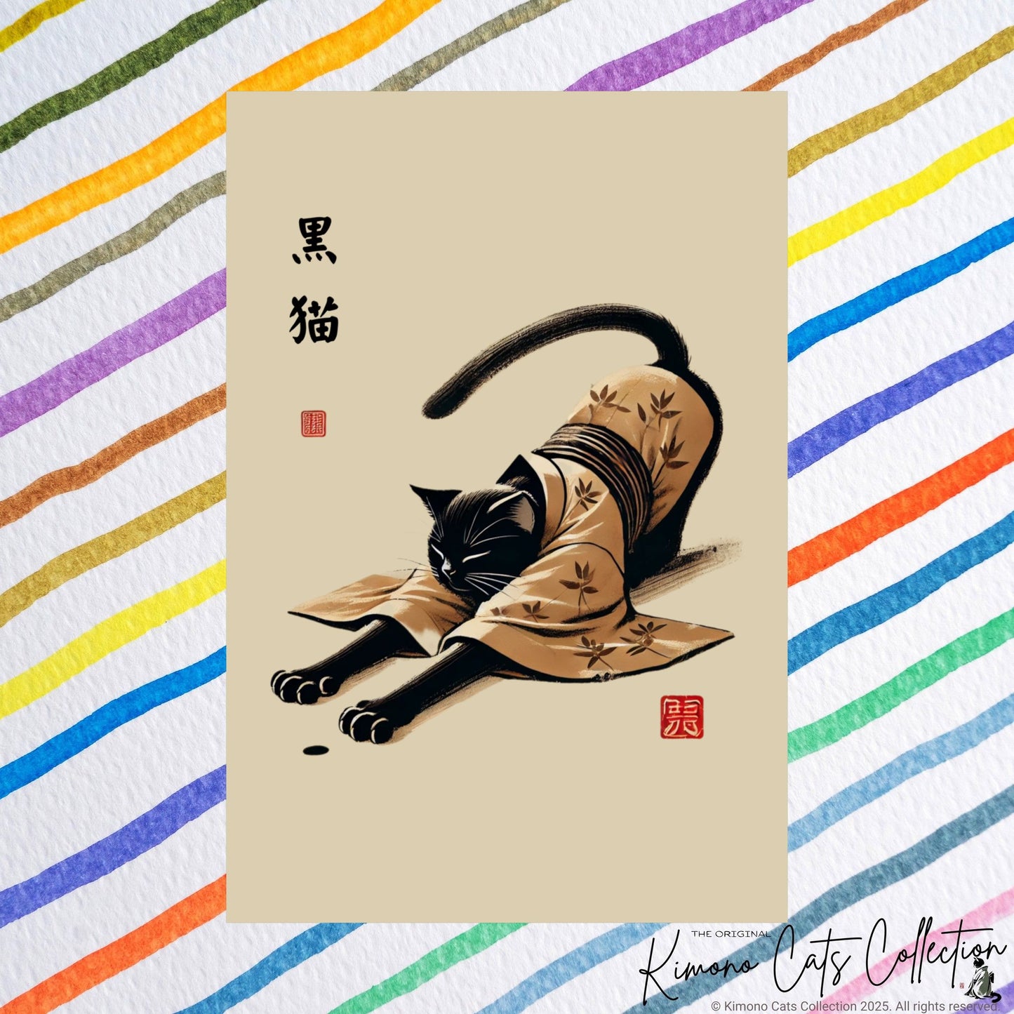 Black Cat in Kimono – Sumi-e Zen Art Print 🐾🖤