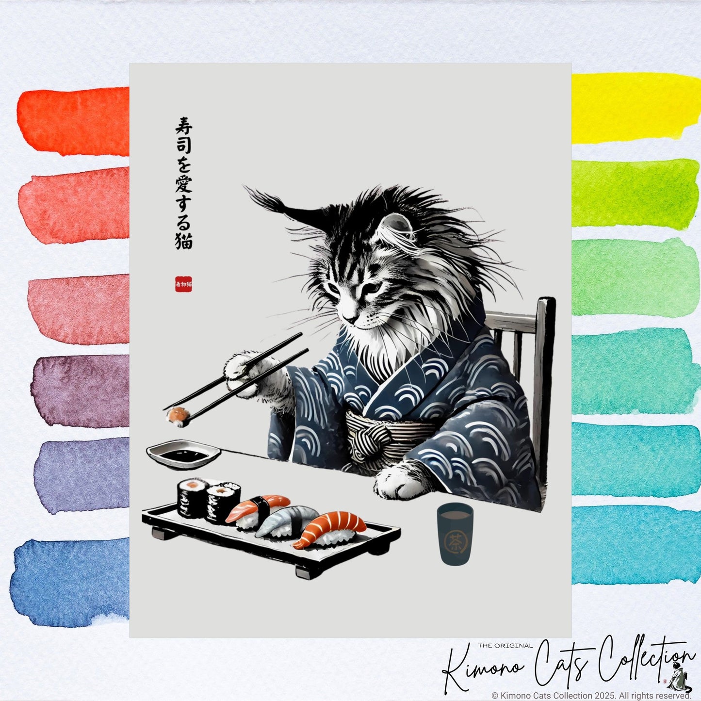 Sushi Cat Art Print - Japanese Sumi-e Maine Coon Wall Decor