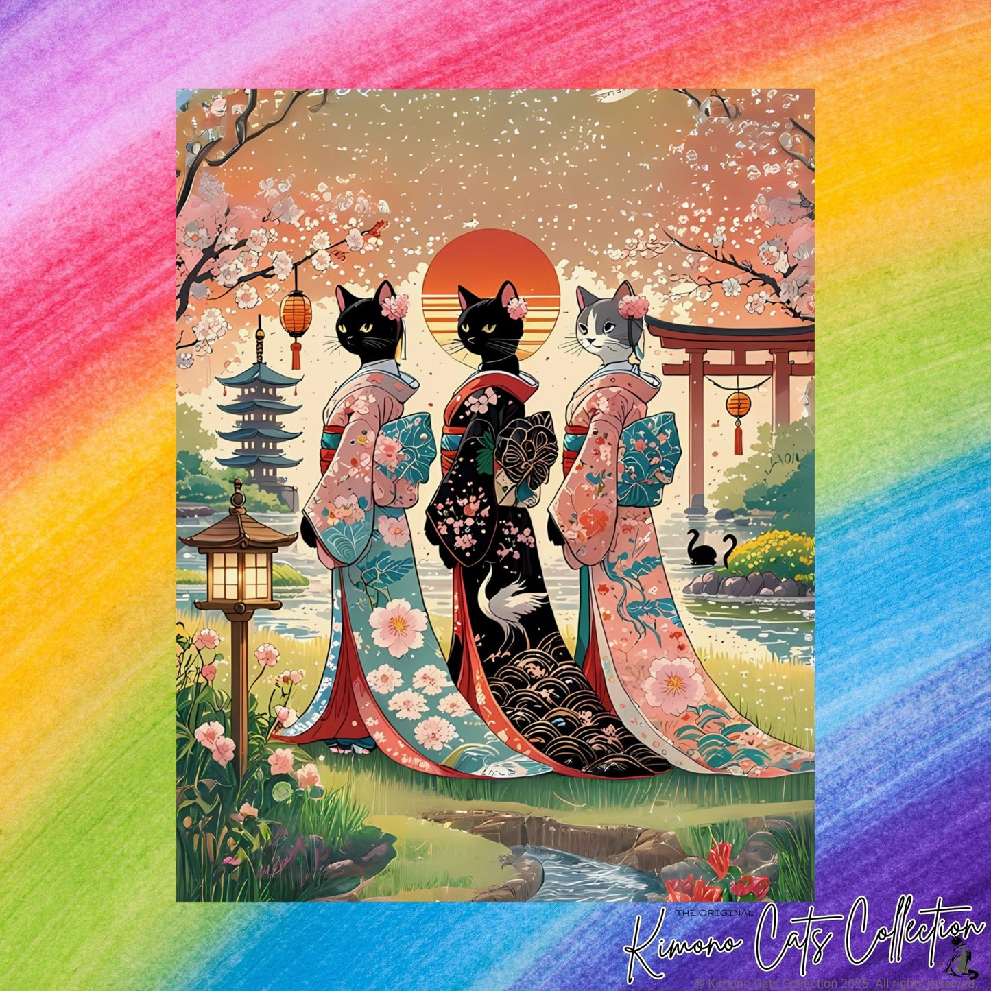 Geisha Cats Art Print – Elegant & Whimsical Wall Decor 🐾🎎