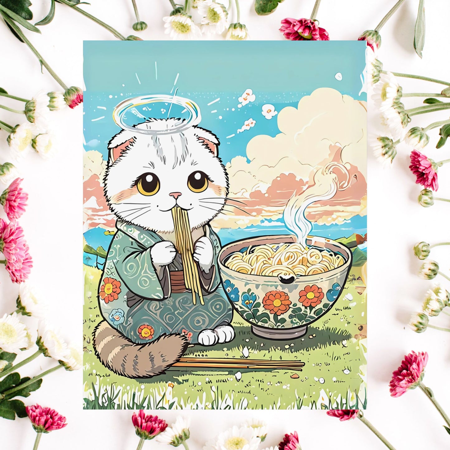 Ramen Angel Cat – Whimsical Kimono Cat Wall Art 🐾🍜