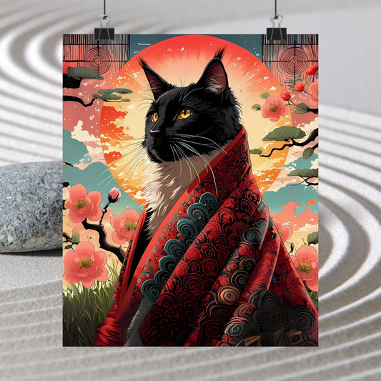 Regal Black Cat in Kimono – Red Sun Wall Art 🐾🌸