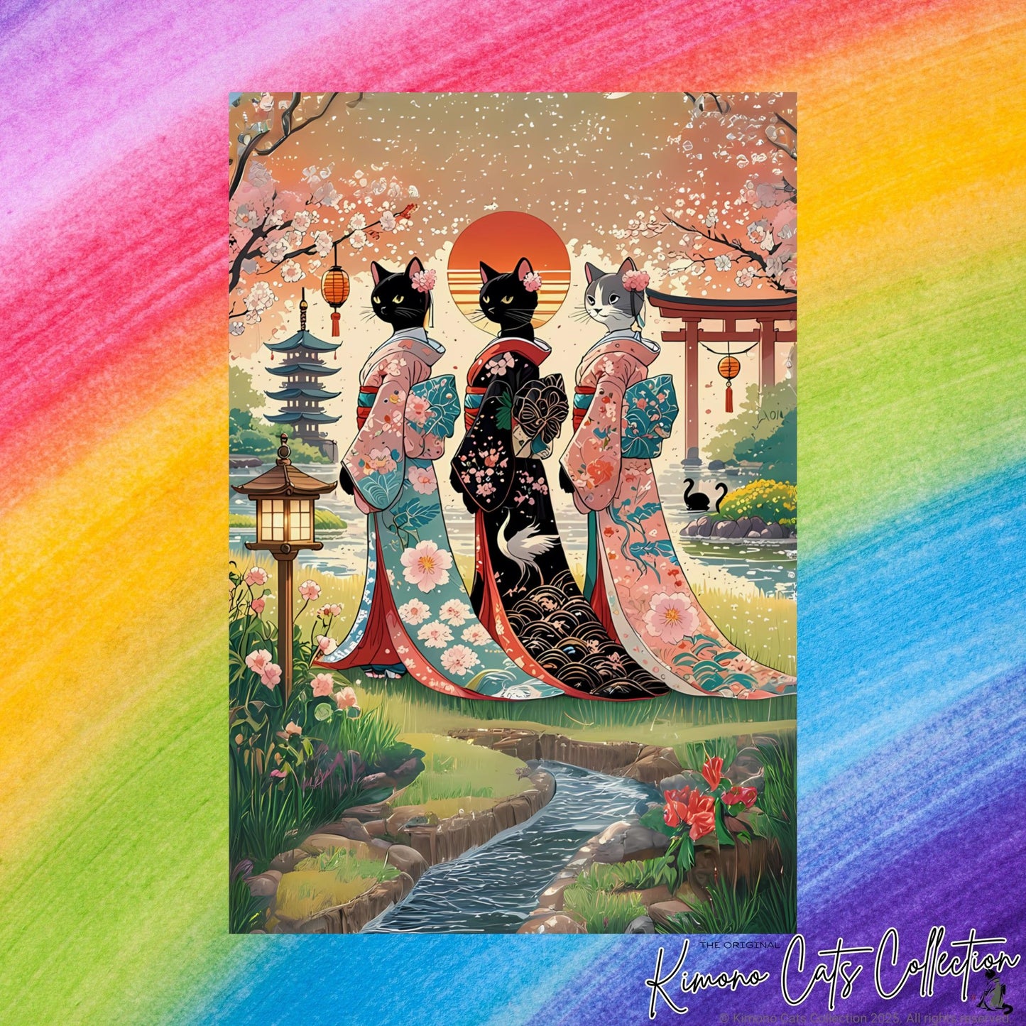 Geisha Cats Art Print – Elegant & Whimsical Wall Decor 🐾🎎