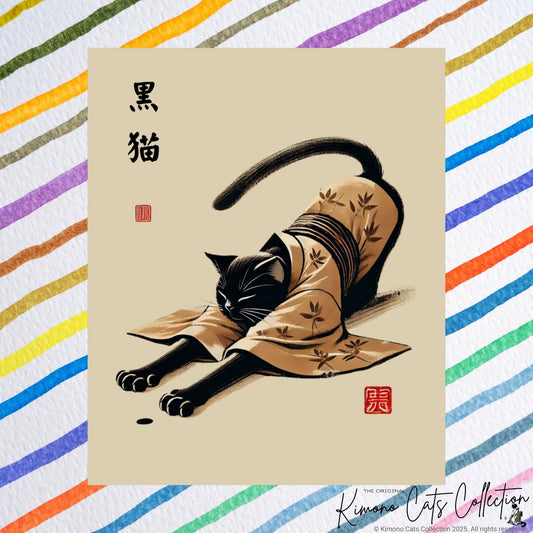 Black Cat in Kimono – Sumi-e Zen Art Print 🐾🖤