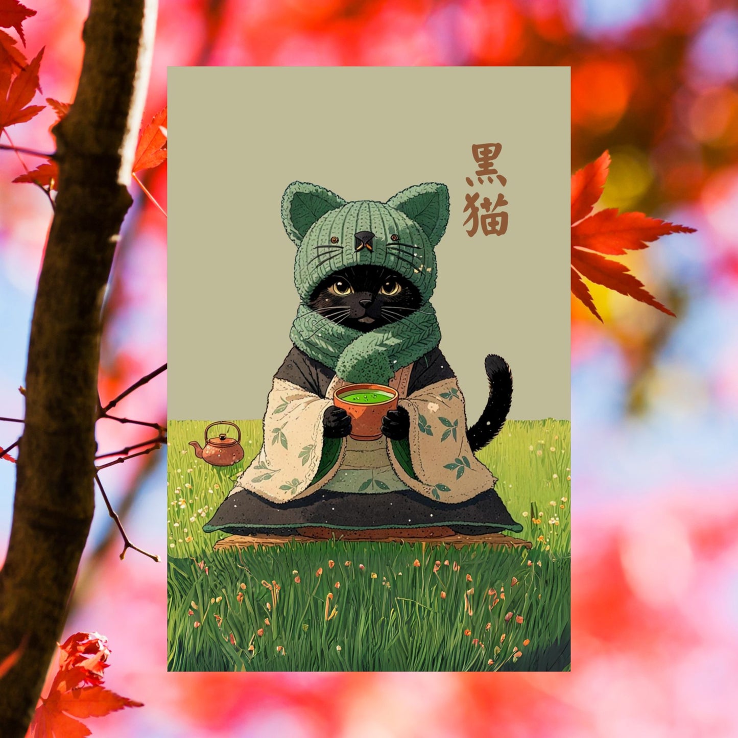 Cozy Black Cat Tea Art – Matcha Lover Wall Print 🐾🍵