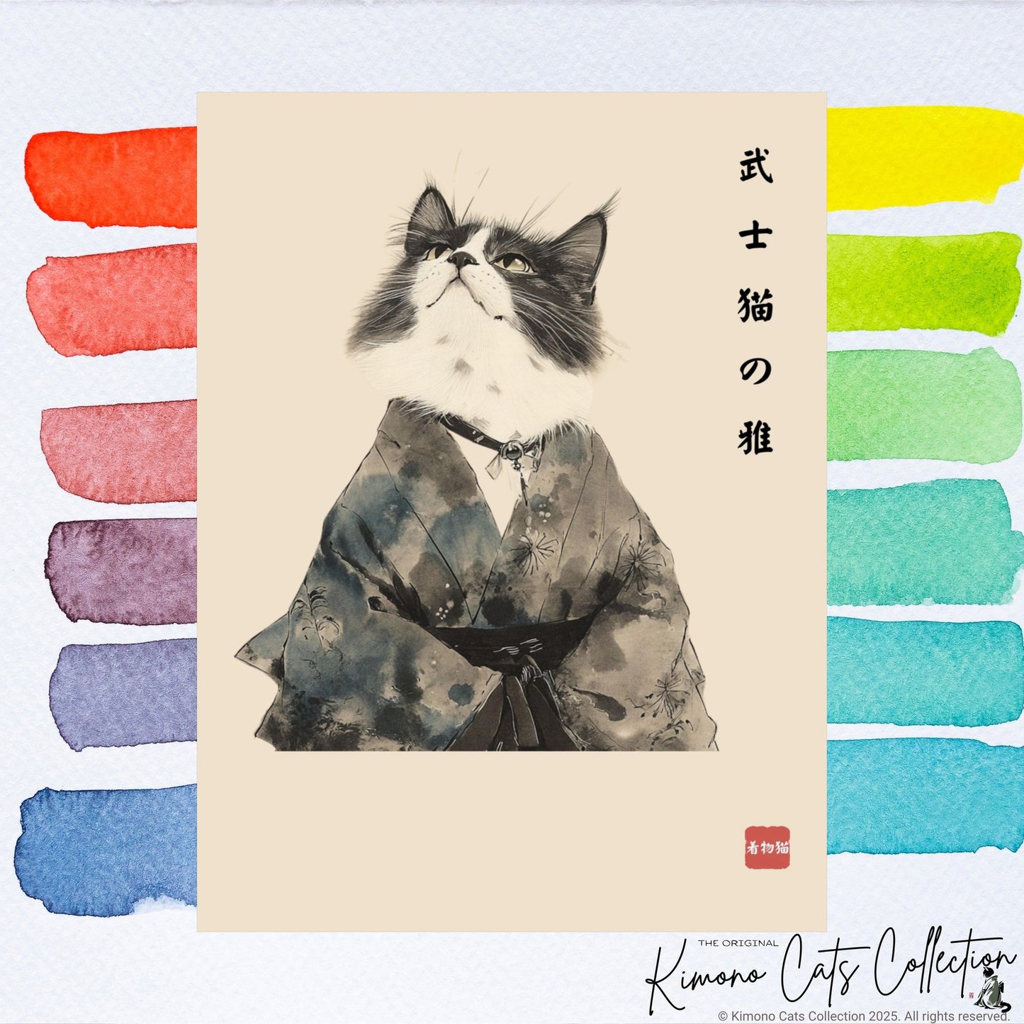 The Grace of the Samurai Cat – 武士猫の雅 | Japanese Sumi-e Wall Art