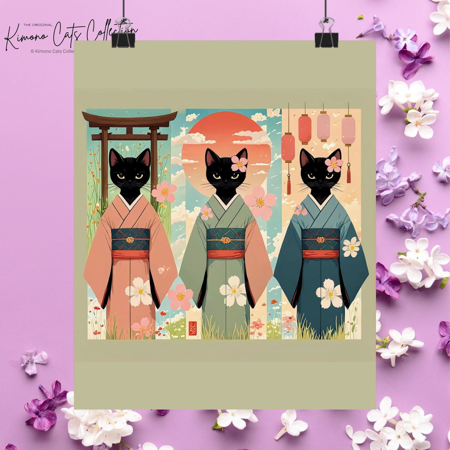 Three Black Cats in Kimonos – Japanese Scroll-Style Wall Art 🐾🎎