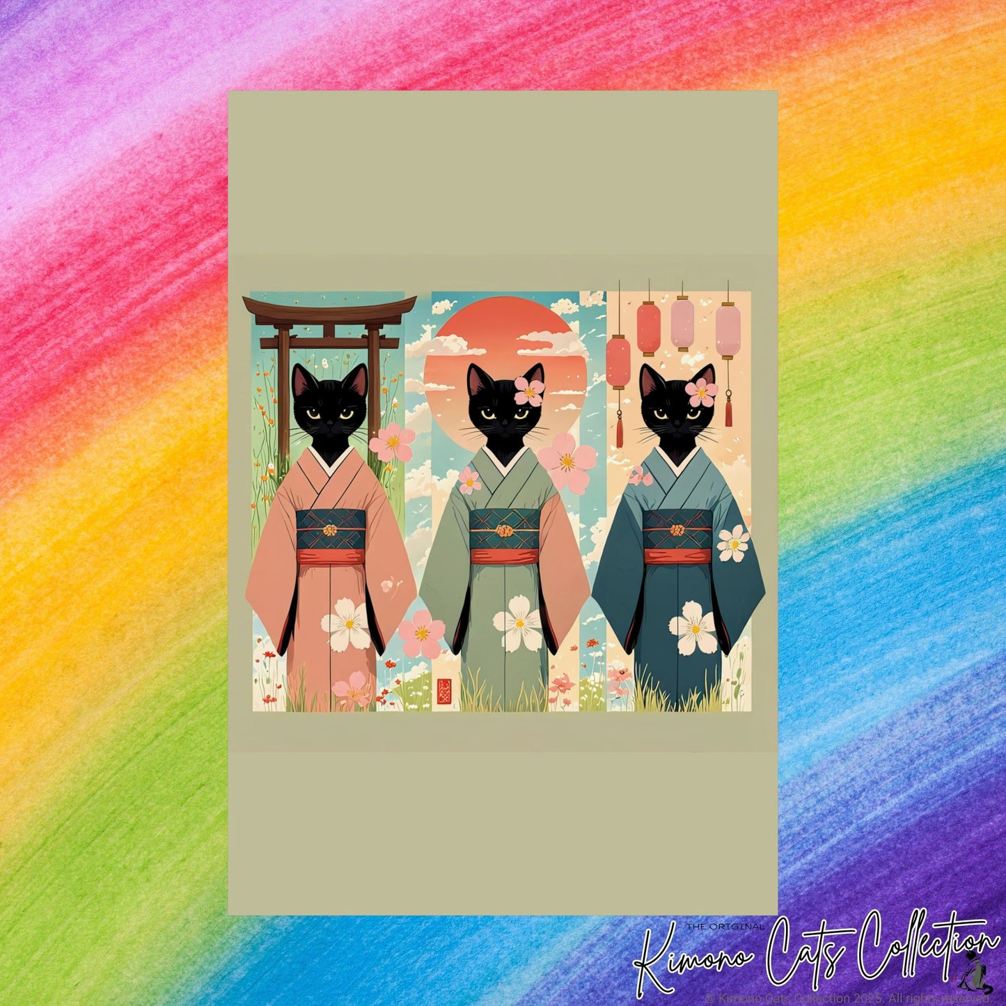 Three Black Cats in Kimonos – Japanese Scroll-Style Wall Art 🐾🎎