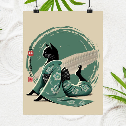 Yoga Black Cat in Green Kimono - Japanese-Inspired Art Print, Tranquil Cat Wall Art, Zen Home Decor