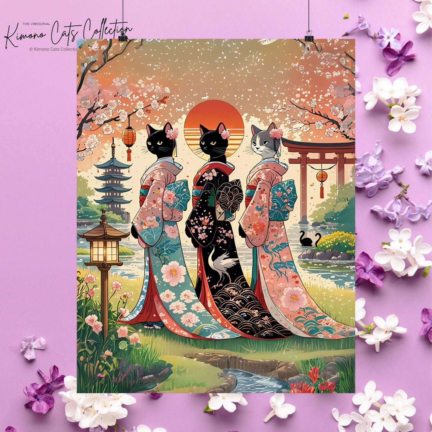 Geisha Cats Art Print – Elegant & Whimsical Wall Decor 🐾🎎