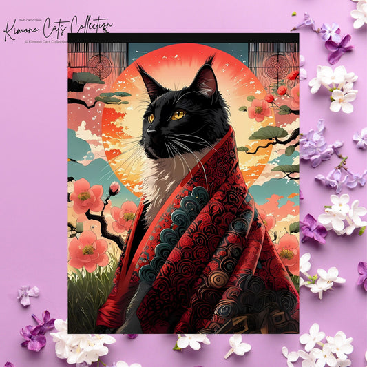 Regal Black Cat in Kimono – Red Sun Wall Art 🐾🌸