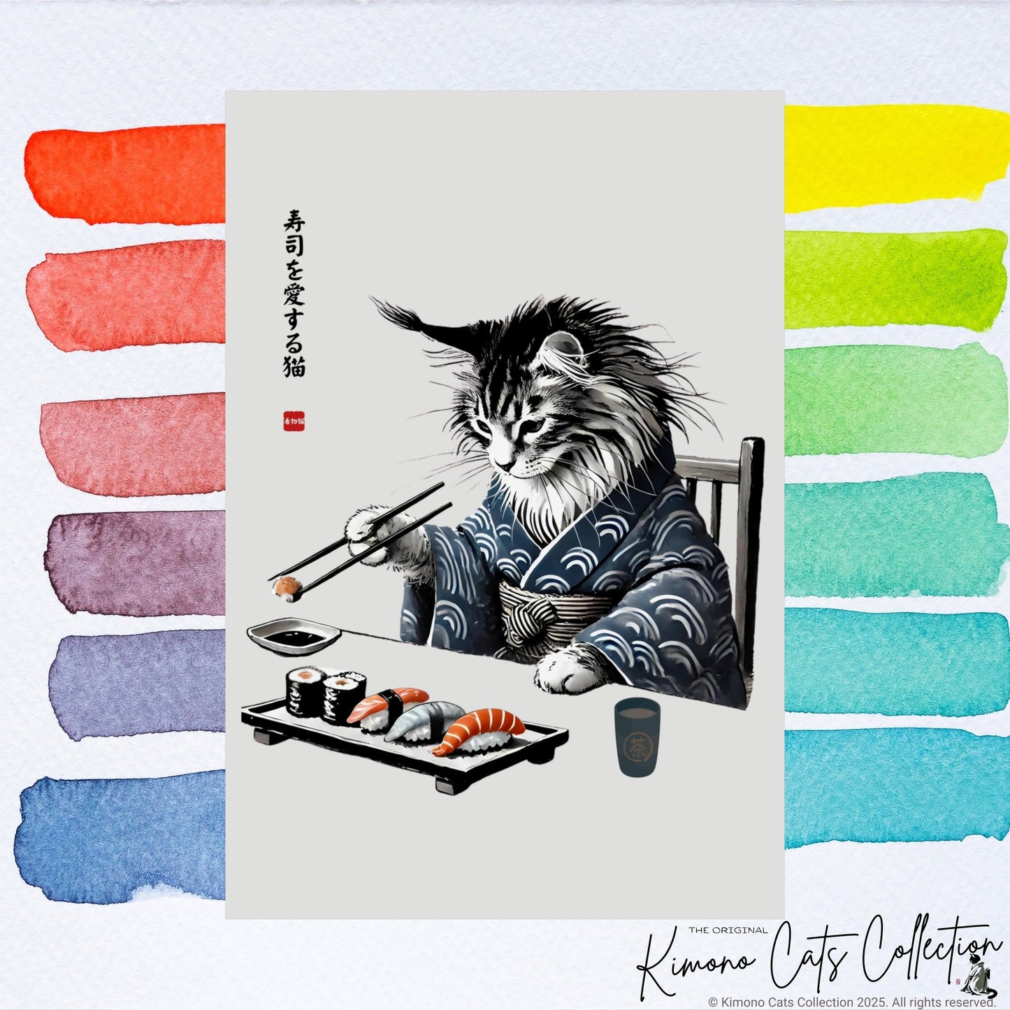 Sushi Cat Art Print - Japanese Sumi-e Maine Coon Wall Decor