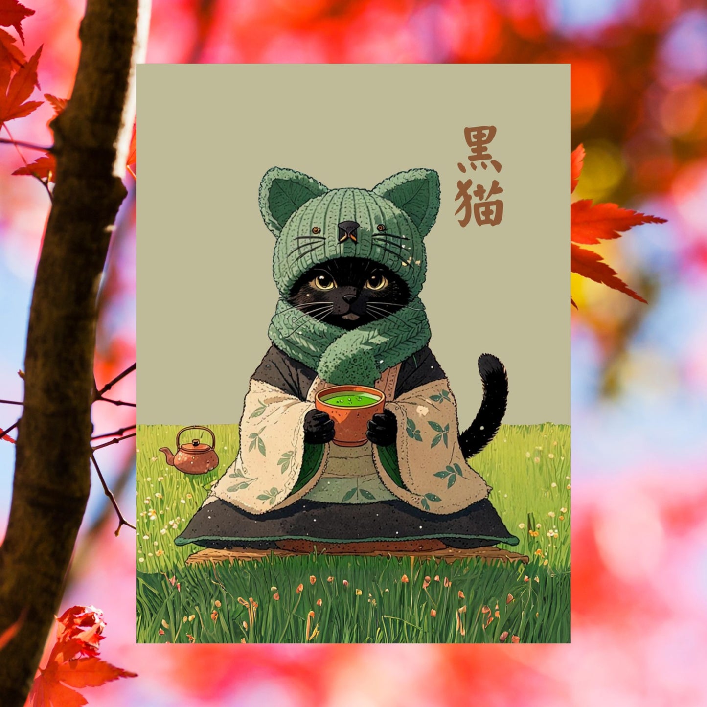 Cozy Black Cat Tea Art – Matcha Lover Wall Print 🐾🍵