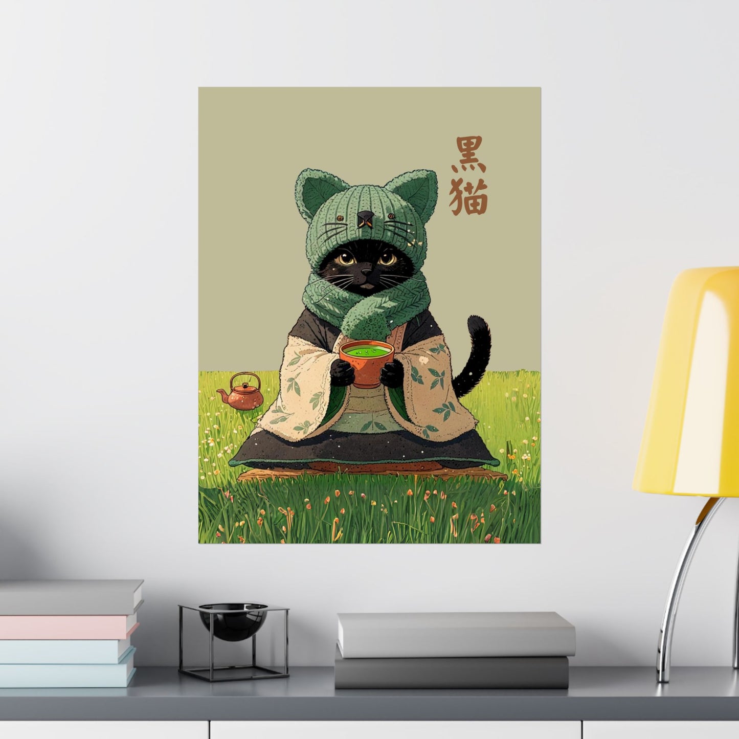 Cozy Black Cat Tea Art – Matcha Lover Wall Print 🐾🍵