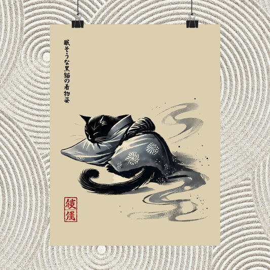 Sleeping Black Cat in Kimono – Sumi-e Zen Art Print 🐾🖌️