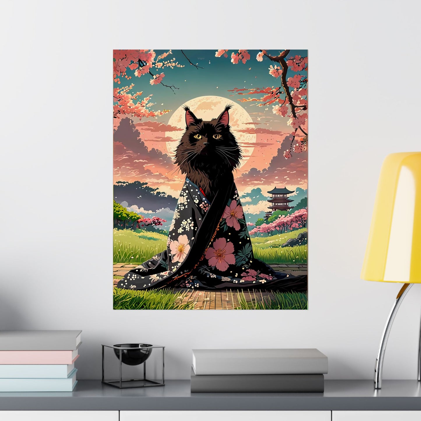 Moonlit Black Cat in Kimono – Japanese Cherry Blossom Art Print 🐾🌸🌙