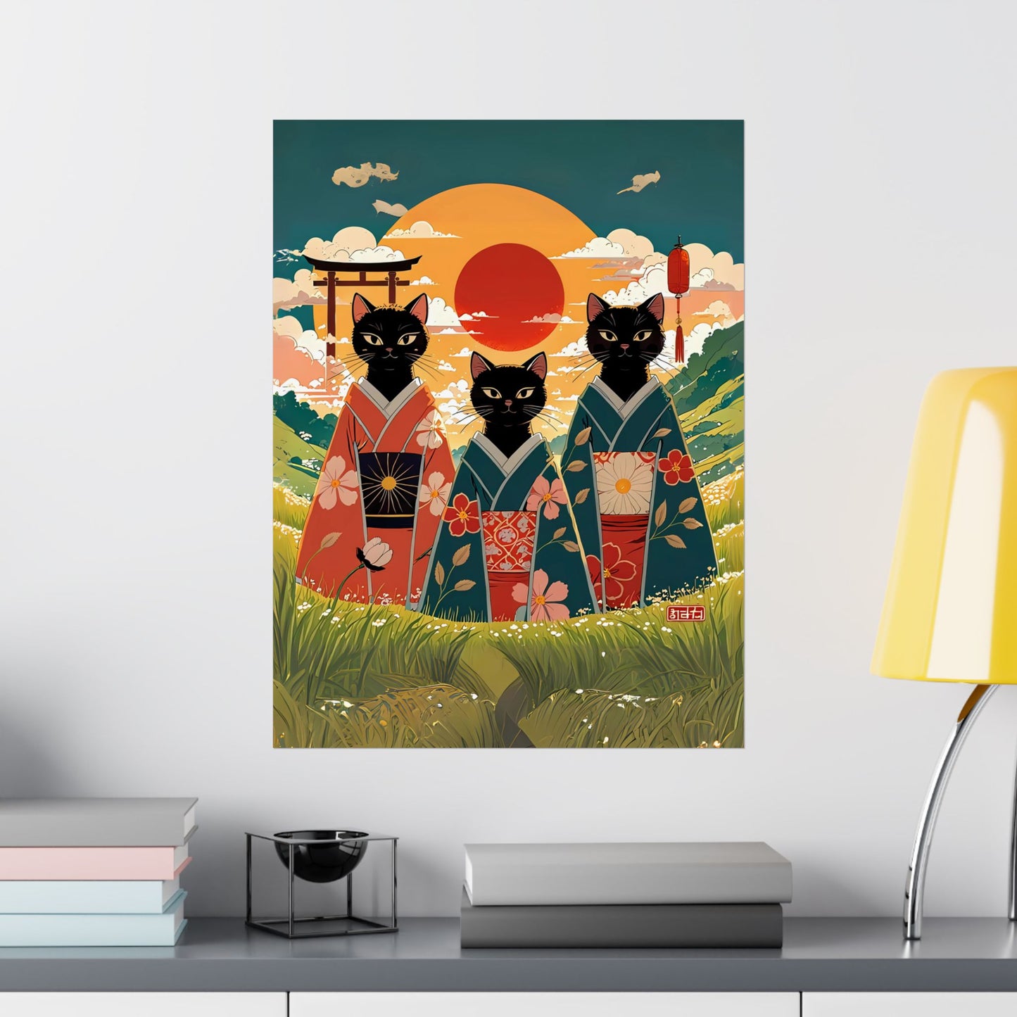 Three Black Cats in Kimonos – Rising Sun Wall Art 🐾🌅