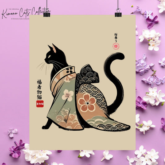 Lucky Kimono Cat Wall Art – 福着物猫 | Japanese Sumi-e Print