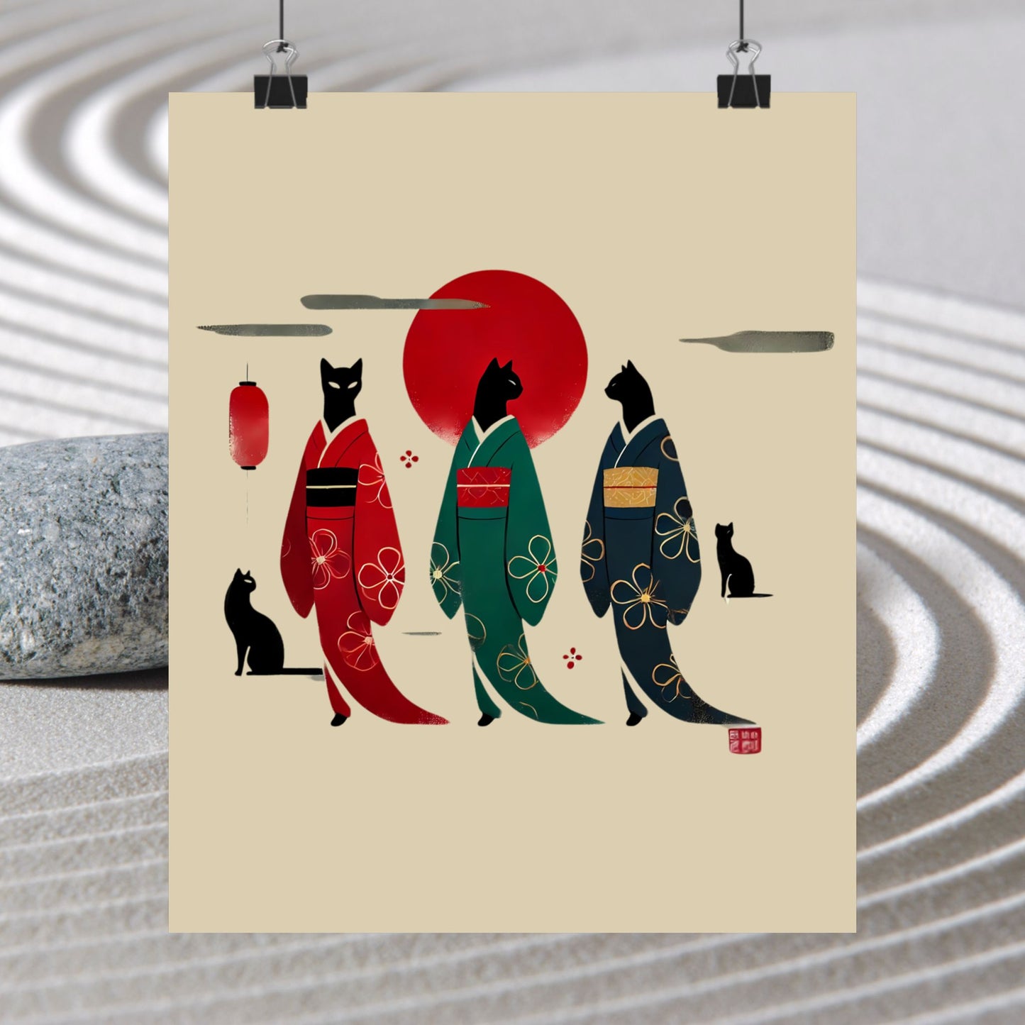 Black Cats in Kimonos Wall Art – Red Sun Print 🐾