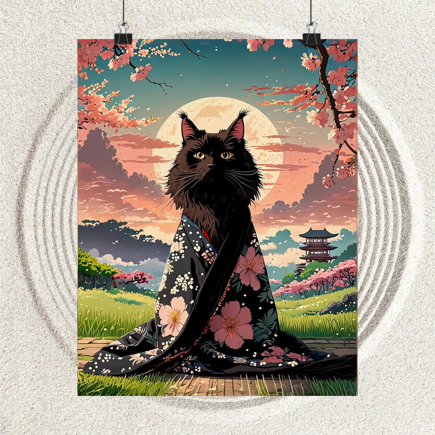 Moonlit Black Cat in Kimono – Japanese Cherry Blossom Art Print 🐾🌸🌙