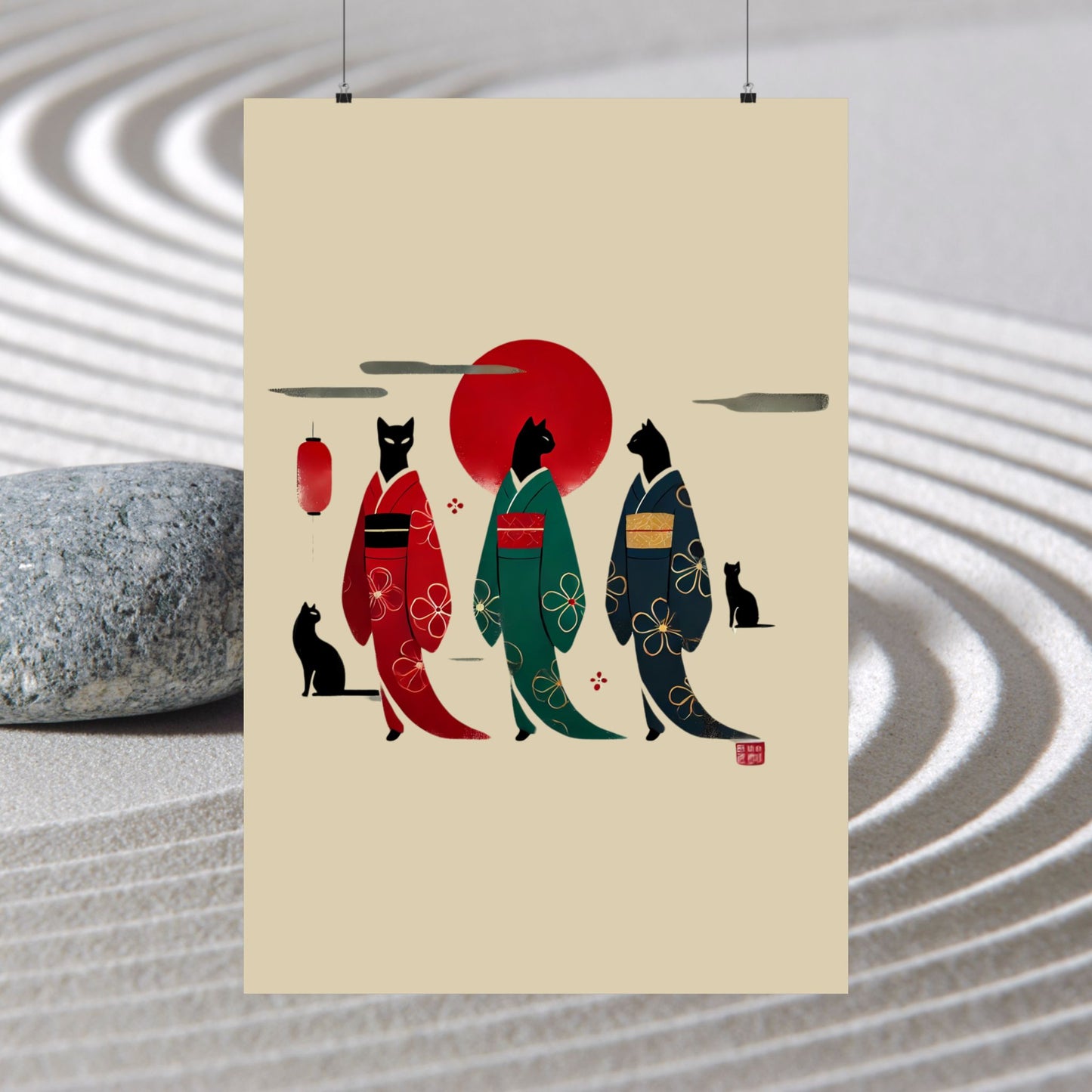 Black Cats in Kimonos Wall Art – Red Sun Print 🐾