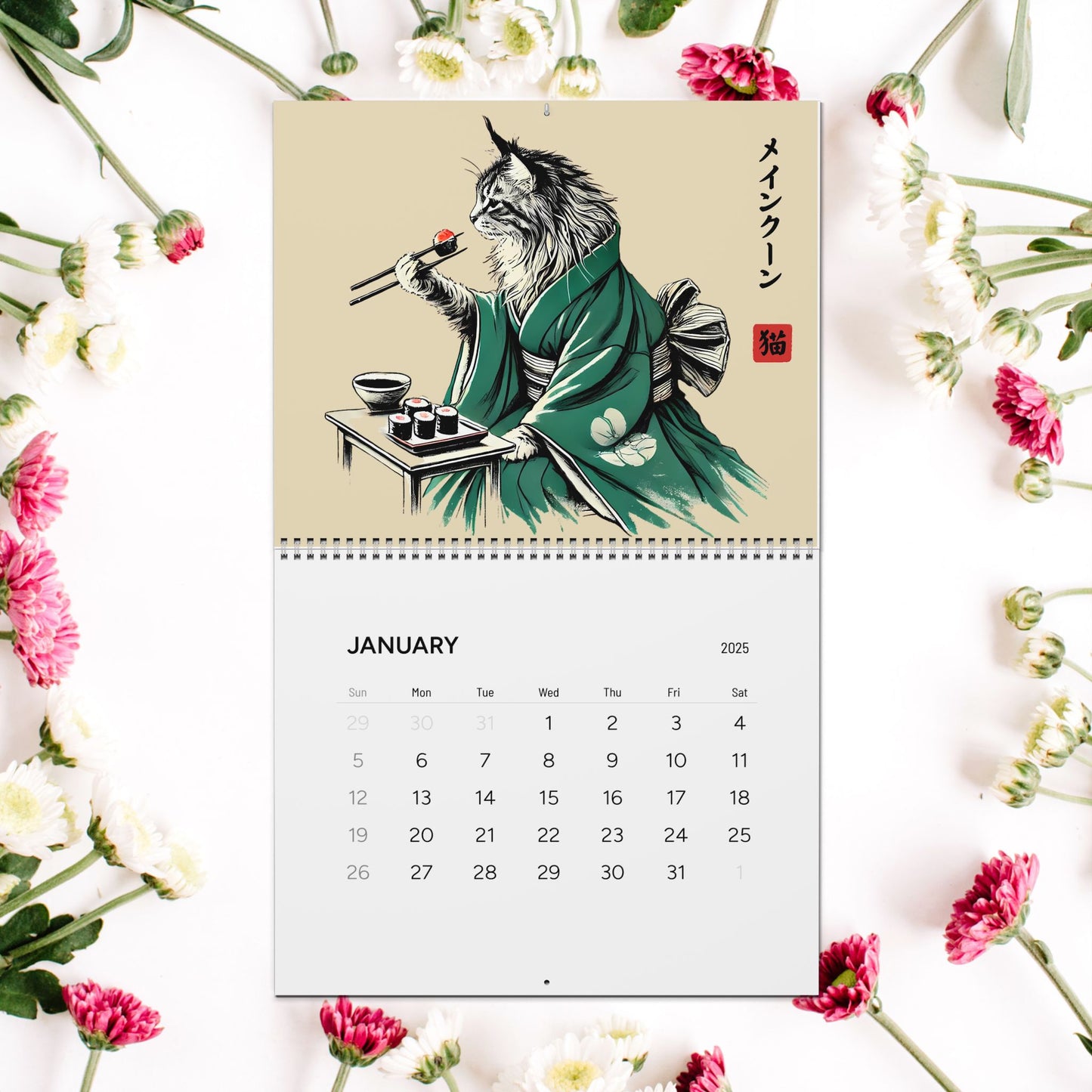 Cat in Kimono Eating Sushi Original Calendar