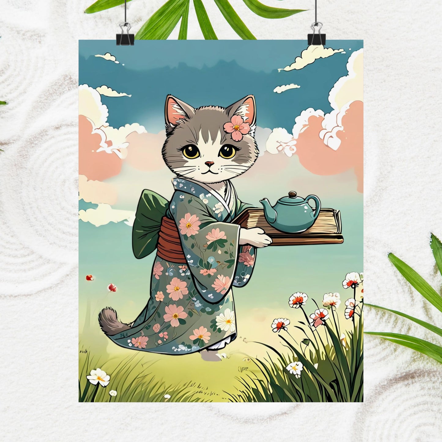 Kawaii Kimono Cat – Matte Poster 🐾🌸