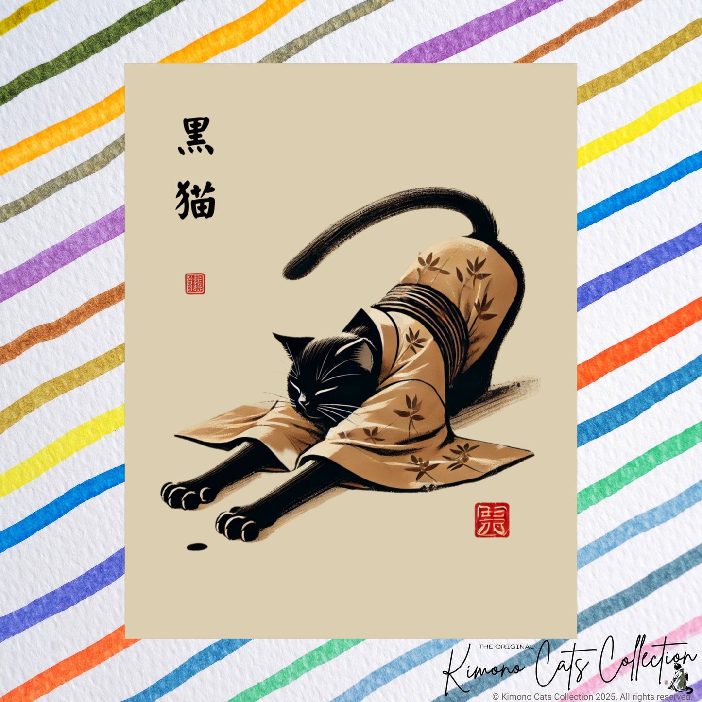 Black Cat in Kimono – Sumi-e Zen Art Print 🐾🖤