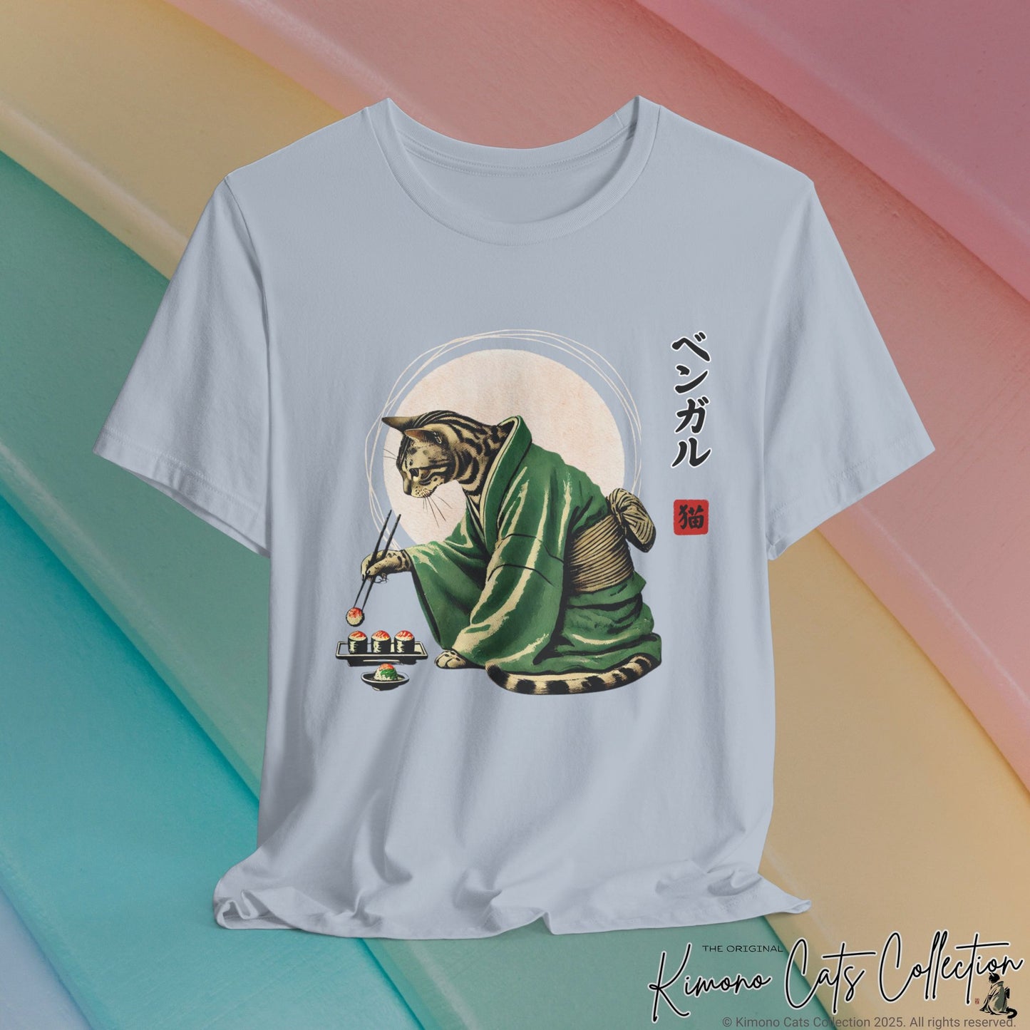 Bengal Cat in Kimono Eating Sushi - T-Shirt