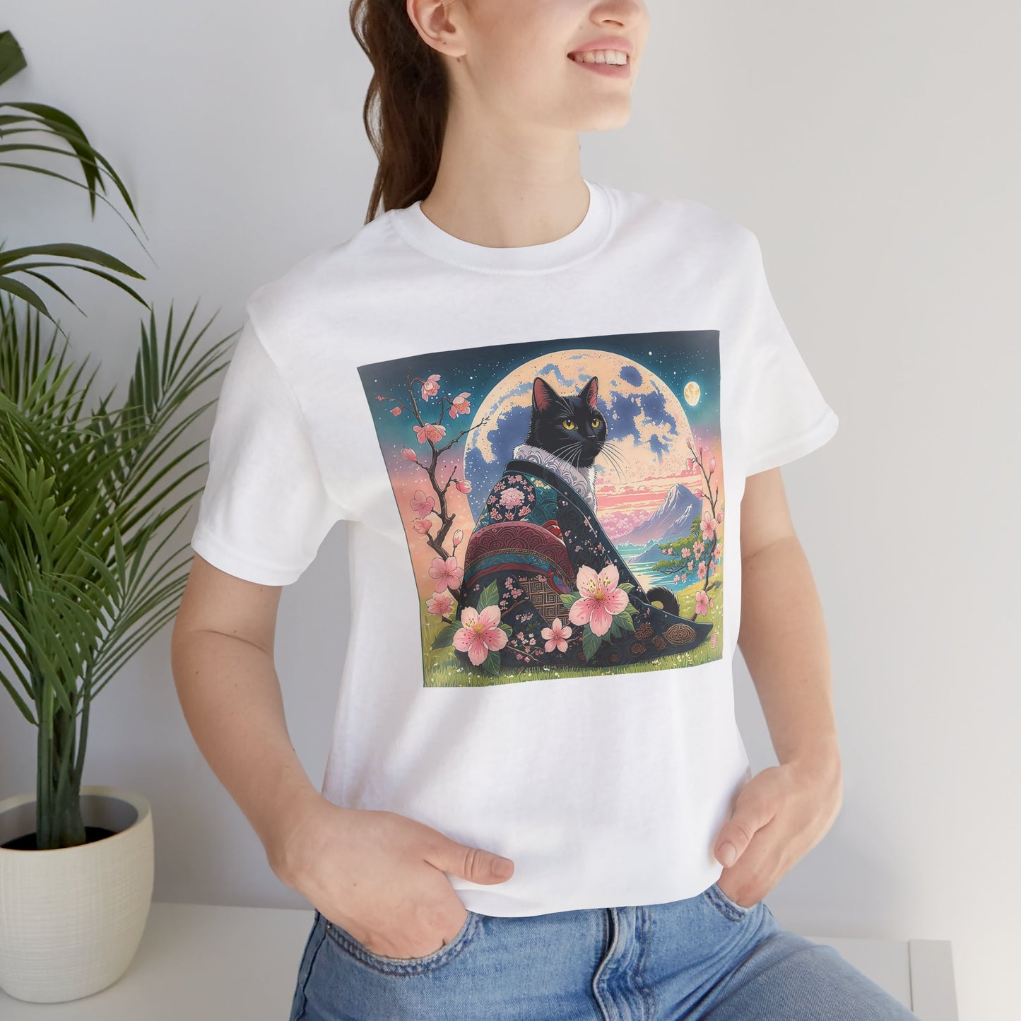 Elegant Black Cat in Cherry Blossom Kimono - Unisex T-Shirt