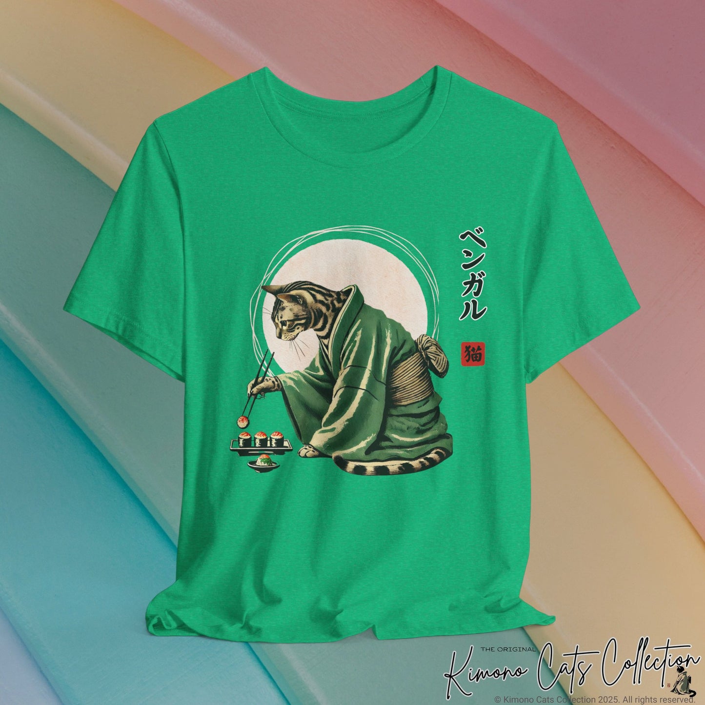 Bengal Cat in Kimono Eating Sushi - T-Shirt