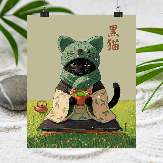 Cozy Black Cat Tea Art – Matcha Lover Wall Print 🐾🍵