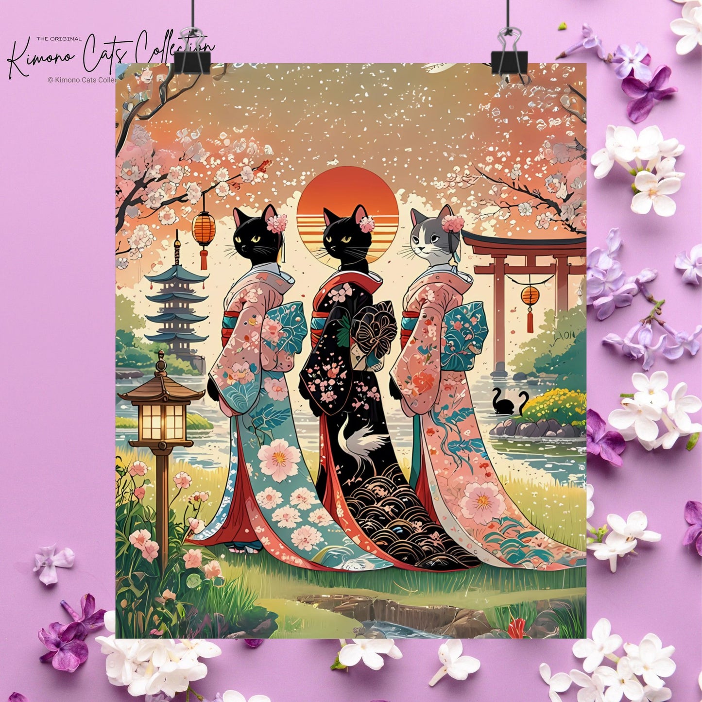 Geisha Cats Art Print – Elegant & Whimsical Wall Decor 🐾🎎