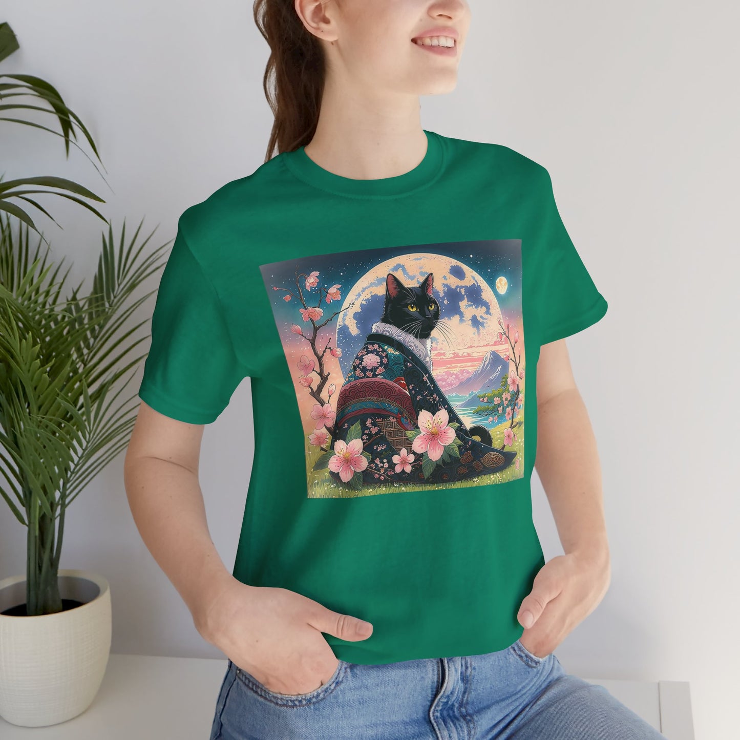 Elegant Black Cat in Cherry Blossom Kimono - Unisex T-Shirt