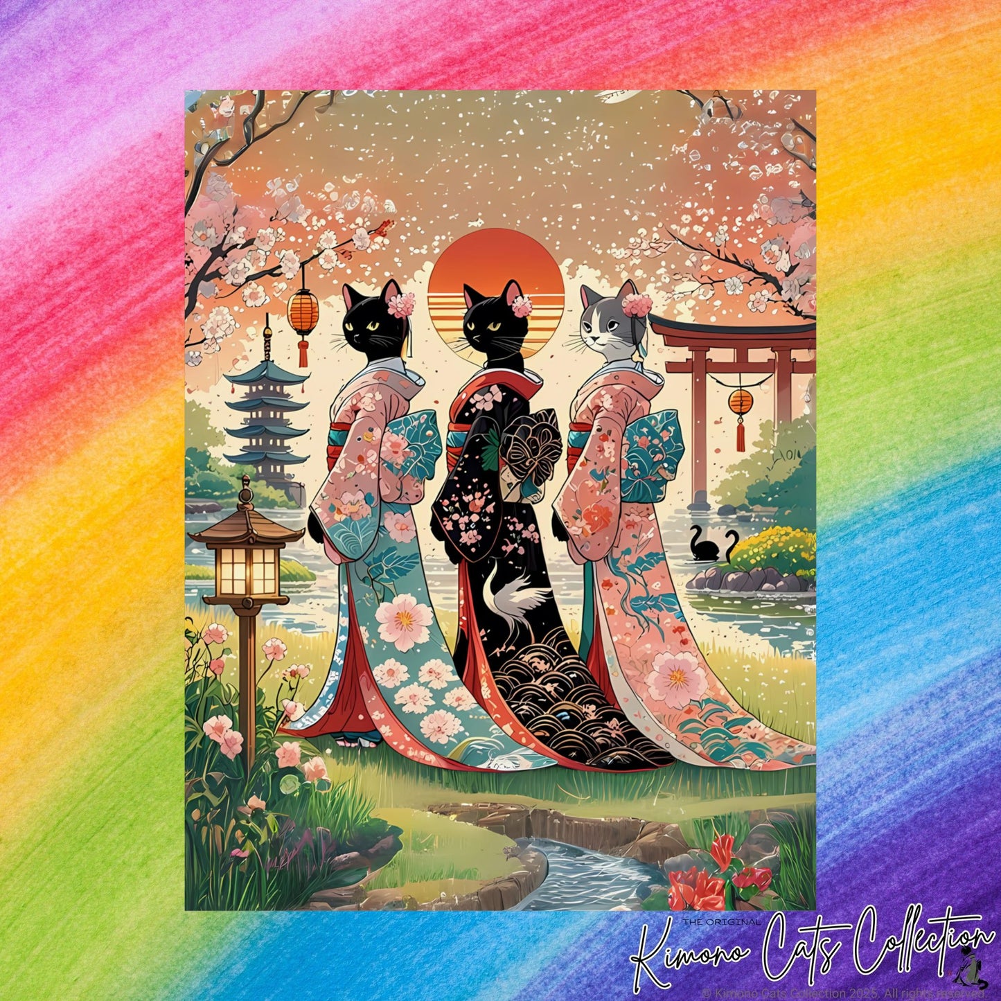 Geisha Cats Art Print – Elegant & Whimsical Wall Decor 🐾🎎