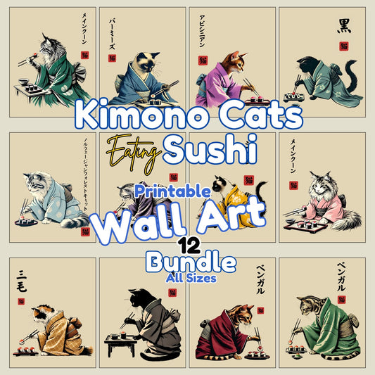 Kimonos Cats Eating Sushi - PRINTABLE Wall Art Bundle of 12