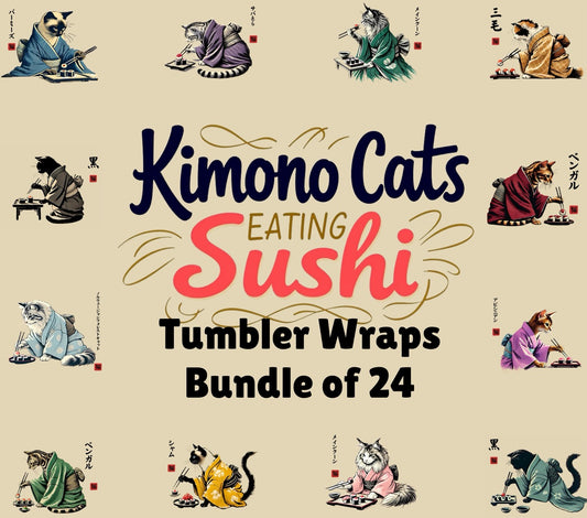 Kimono Cats Eating Sushi Tumbler Wrap PNG - Bundle of 24